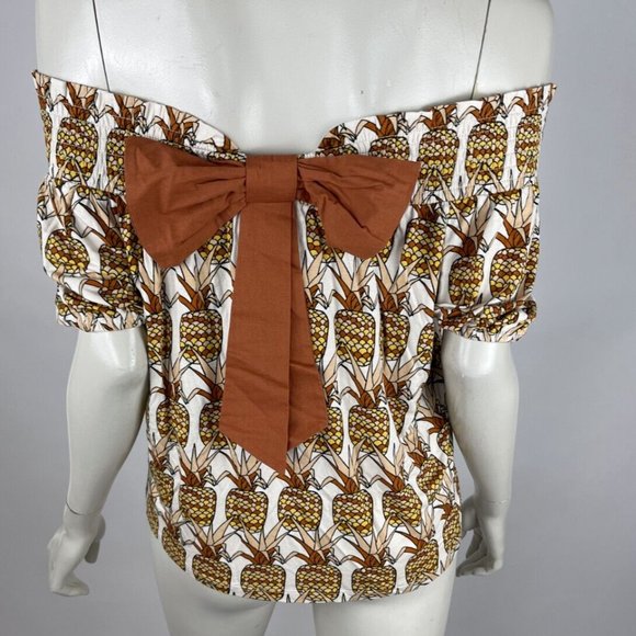 Anthropologie Printed Bow-Back Top Women S NWT Short Sleeve Off shoulder Elastic - Picture 1 of 11